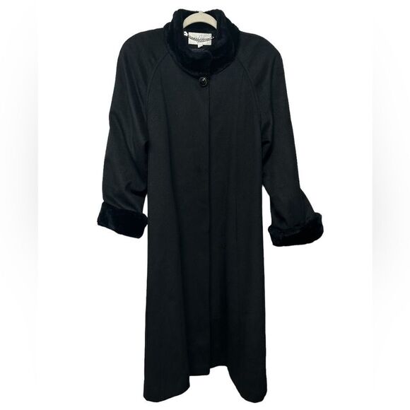 Vintage Wool Blend Black Long Heavy Coat Warm Winter Coat Faux Fur Trim Collar - Picture 1 of 13